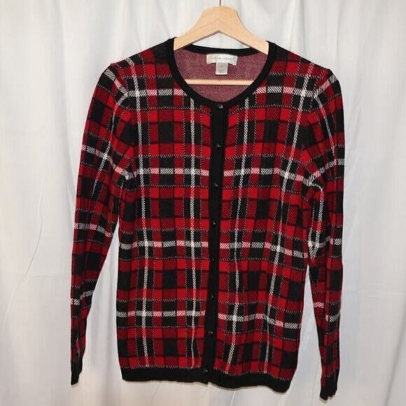 Charter club  Sz Medium Women Cardigan Sweater Button Down Red Black White - Picture 1 of 9